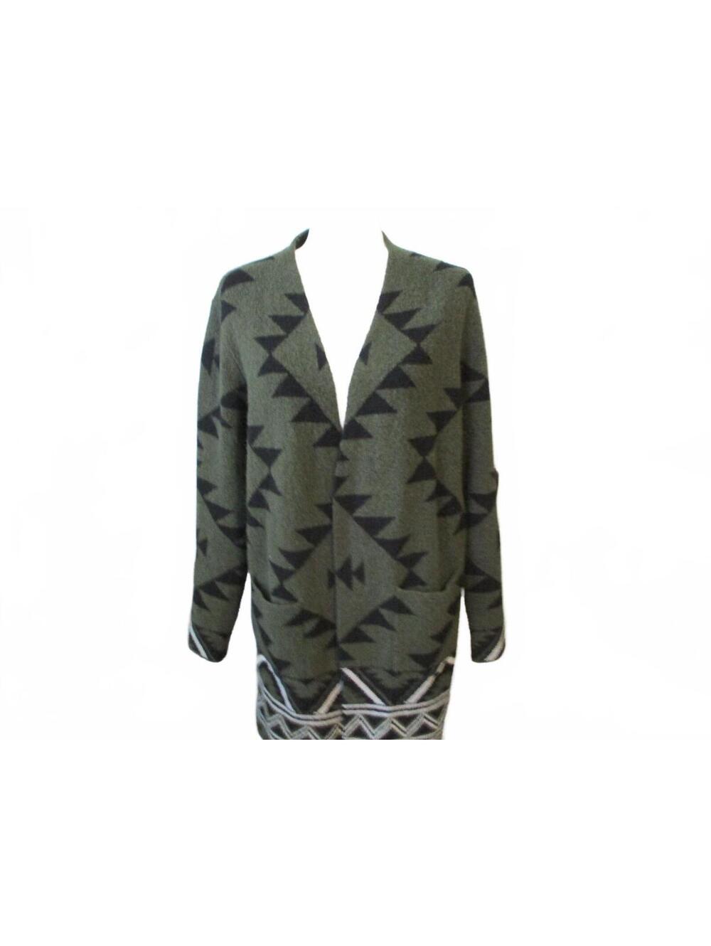 Frye The Cozy Cardigan Olive Aztec Geometric Open Front Sweater Size M